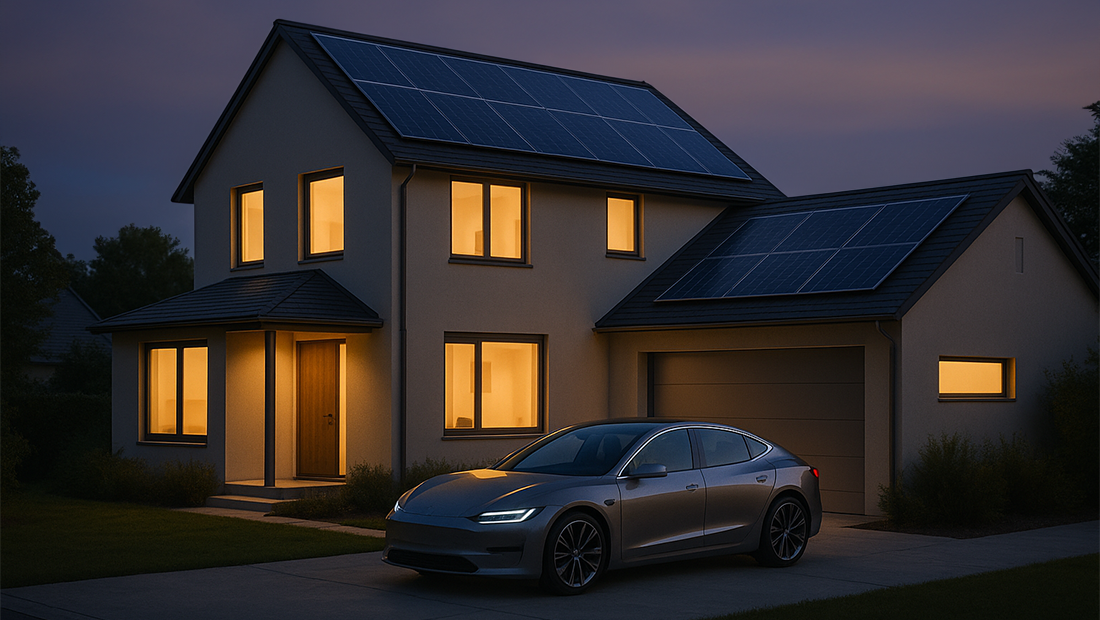 Modern home illuminated at dusk with rooftop solar panels and an electric car parked in the driveway, symbolizing self-generated clean energy and sustainable living.