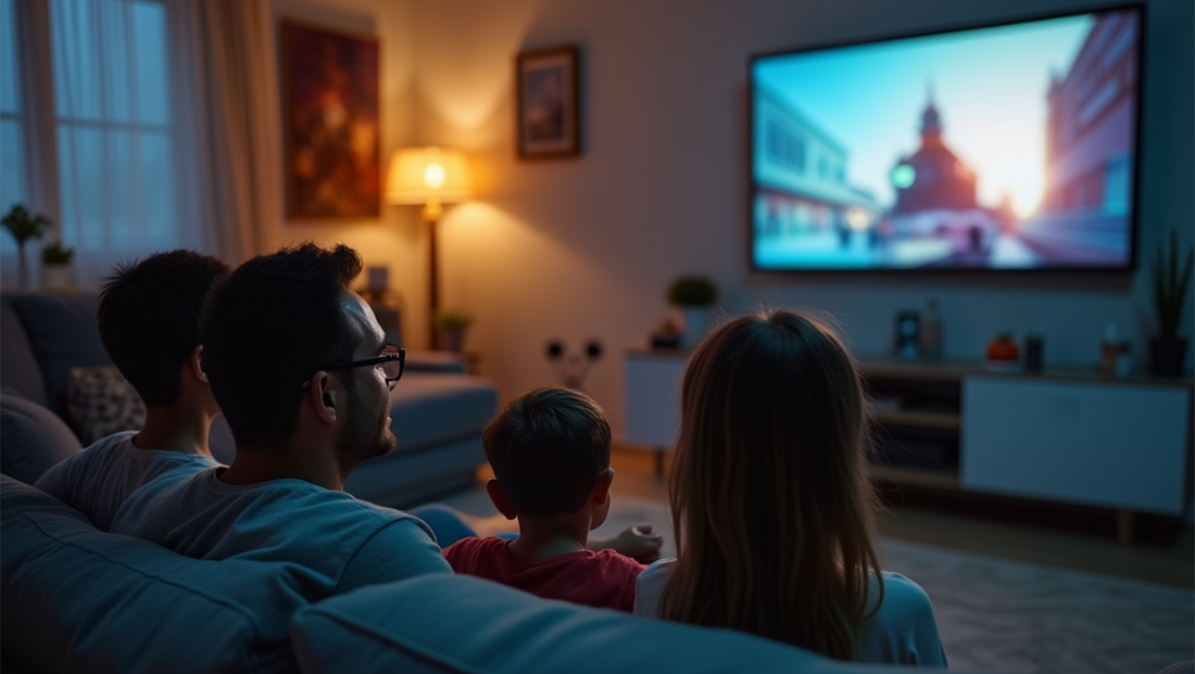 Family relaxing together in a warmly lit living room watching TV, symbolizing comfort and energy efficiency powered by a smart home energy system.
