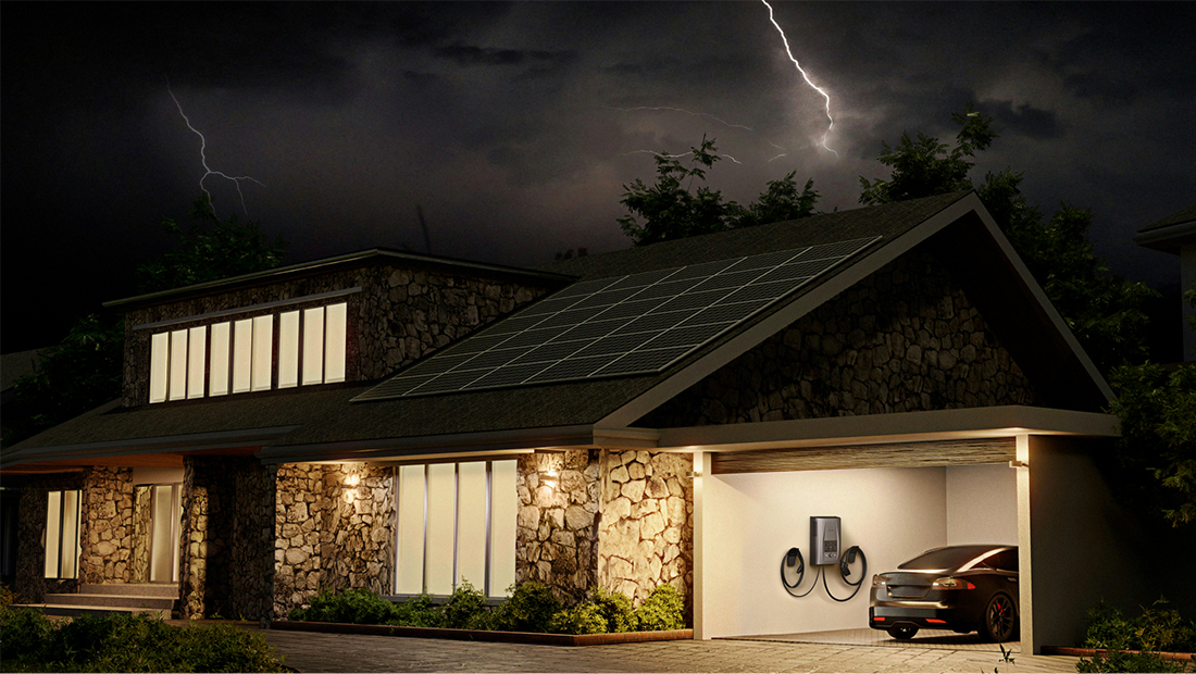 Modern smart home with solar panels and EV charging during a thunderstorm, supported by an energy management system with real-time energy monitoring, personalized energy management, and seamless automation of connected smart devices to maximize home efficiency and optimize smart energy devices