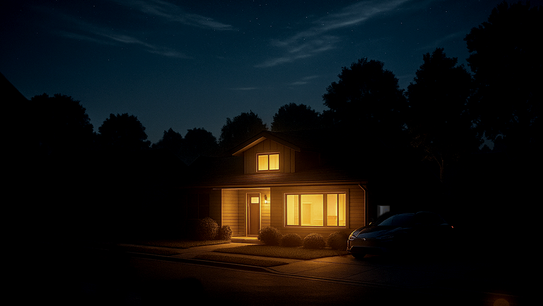 A warmly lit home at night with a car parked in the driveway, representing eco-conscious living powered by smart energy devices, intelligent energy optimization, and a hassle-free energy management system.