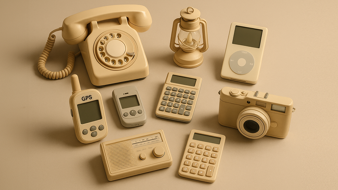 A collection of outdated gadgets symbolizing disconnected energy systems before smart home integrations and intelligent energy optimization.