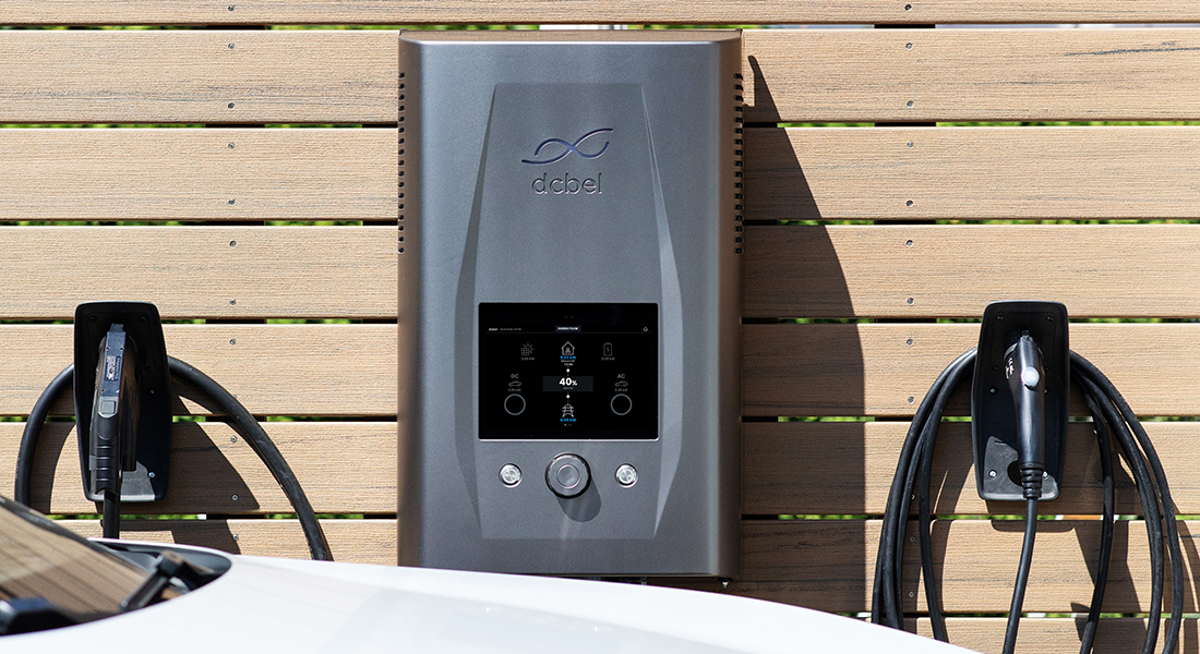 A smart energy management system with Vehicle-to-Home (V2H) integration, featuring a central control unit and two electric vehicle chargers mounted on a wooden wall.