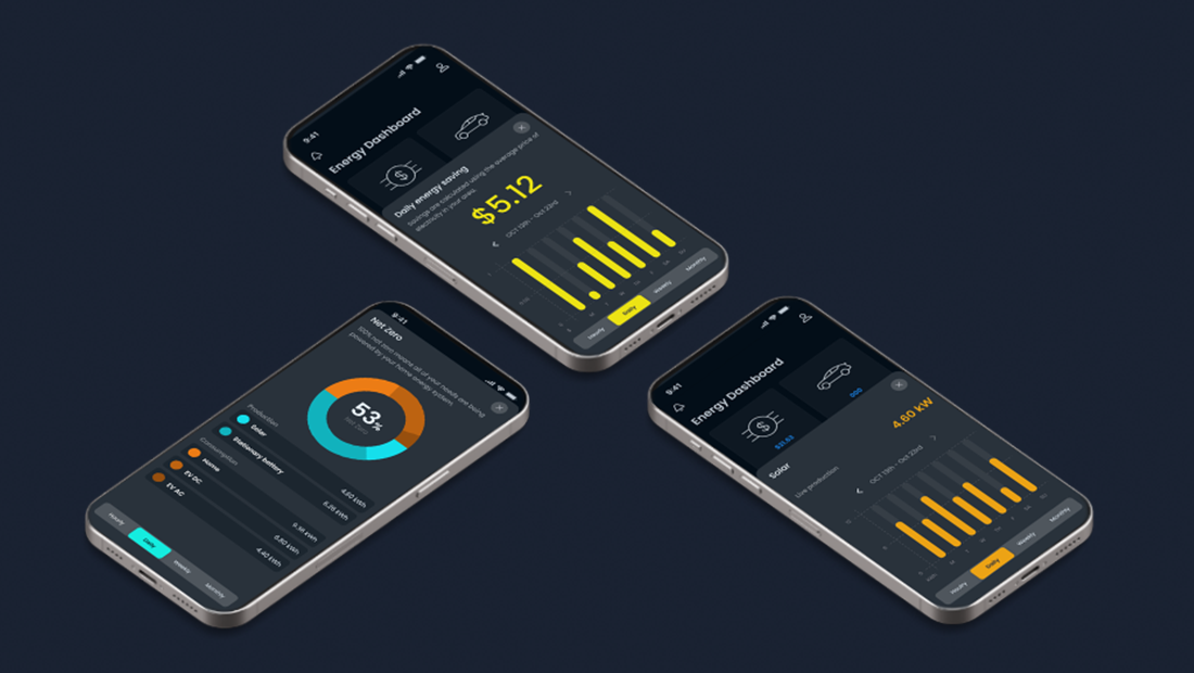 Smartphones displaying energy dashboards with real-time energy monitoring, energy consumption tracking, and intelligent energy optimization.