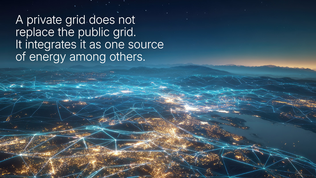 Aerial night view of a city overlaid with glowing network lines, symbolically illustrating several residential private grids integrated with the public grid.